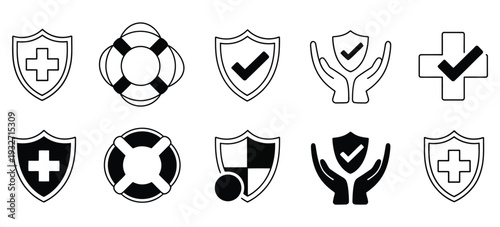 Safety, insurance icon set with line and flat designs, health and protection symbols, shield with check mark, tire safety and hand holding icons, clean modern vector