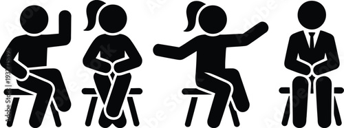 Diverse group of people sitting on chairs in various poses and outfits