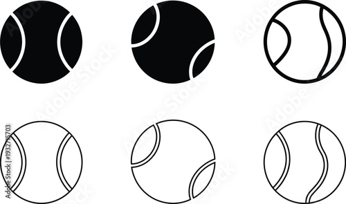 Illustration of tennis ball designs with varying line patterns and shading