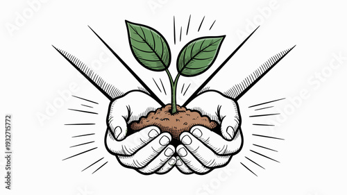 Cupped hands gently holding a small green seedling growing from brown soil plant