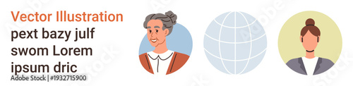 Communication, diversity, global network, generational connection, technology, remote work. Profile illustrations of elderly and young women alongside an abstract globe. Communication and diversity