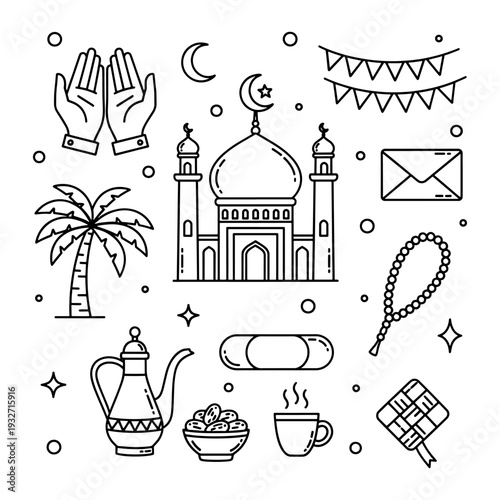 Set of Sketch Outline Ramadan Islamic Doodle Cartoon Illustration