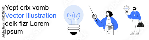 Innovation, teamwork, education, business planning, creative solutions, professional development. Lightbulb ideas, two figures demonstrating and planning. Innovation and teamwork concept