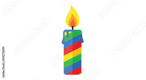 A colorful birthday candle with a lit flame on top against a plain white background.