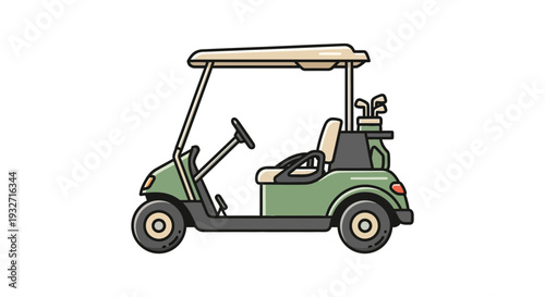 Green golf cart with clubs on white background