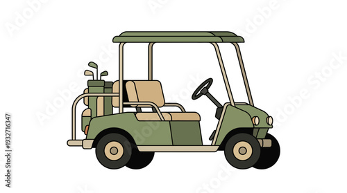 Green golf cart with clubs, isolated on white background