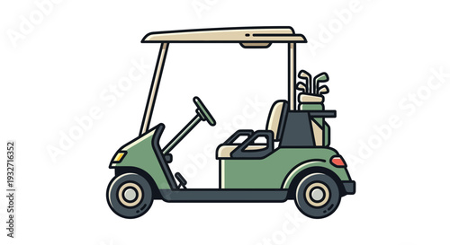 Green golf cart with clubs on white background