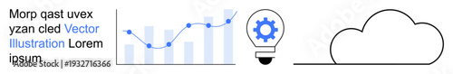 Data analysis, business growth, cloud computing, innovation, technology trends, digital services. A bar chart with progress line, gear inside a bulb and cloud. Data analytics and business growth