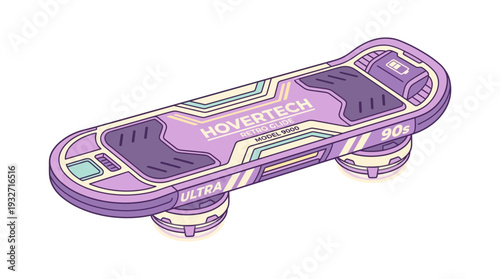 Retro futuristic hoverboard, 90s style, purple, isolated on white