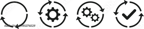 Gear icons in a cyclical process with checkmark