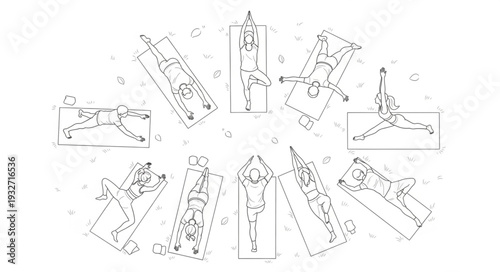Architectural blueprint of various buildings arranged in a circular pattern, detailed design.