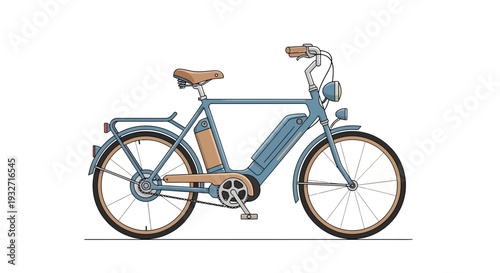 Retro electric bicycle, blue frame, brown seat and details, isolated on white background