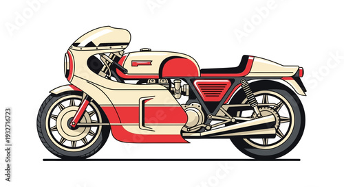 Vintage cafe racer motorcycle, cream and red retro sport bike, isolated on white
