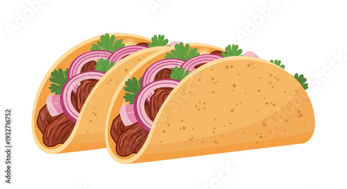 Three meat-filled tacos with sliced red onions lined up