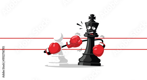 White chess pawn punching a distressed black king in a boxing ring