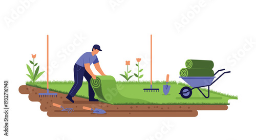 Worker unrolling green sod with wheelbarrow and garden tools