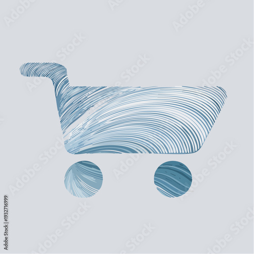 Stylized baby stroller with abstract blue swirling patterns.