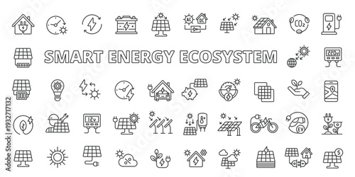 Smart Energy Ecosystem icons in line design. smart energy ecosystem, renewable energy, solar power, battery storage, on white background vector. Smart Energy Ecosystem editable stroke icons.