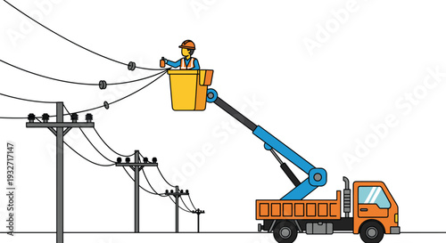 Worker in boom lift repairing power lines on utility poles