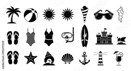 Collection of summer icons representing beach, vacation, and leisure activities.