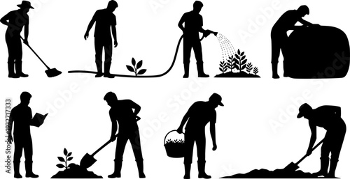 Professional Farmer and Agriculture Silhouette Set - Harvesting Team and Rural Manual Labor Vector
