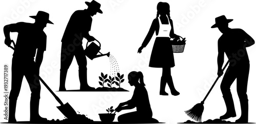 Professional Farmer and Agriculture Silhouette Set - Harvesting Team and Rural Manual Labor Vector