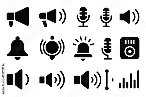 Black Audio Icons, Solid Vector Symbols Featuring Sound, Noise, Broadcast, and Audio Controls, Editable Graphics Perfect for Music