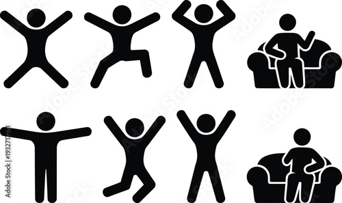 People in various poses and activities including sitting on a couch