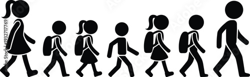 A diverse group of children and adults walking together in a line.