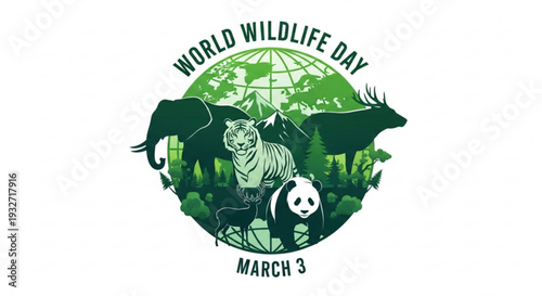 World wildlife day logo with animals and globe on march 3rd