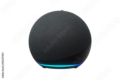 Modern black spherical smart speaker with glowing blue LED light ring isolated on transparent background cutout