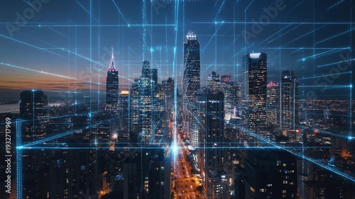 Cityscape at dusk with skyscrapers and digital network connections