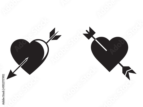 Black heart shapes pierced by arrows in white space  heart symbols