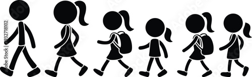 A diverse group of children walking in a line, each carrying a backpack.