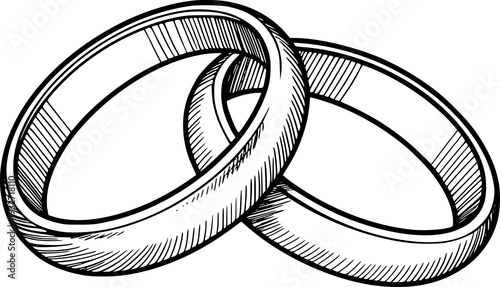 Hand Drawn Interlocking Wedding Rings Black and White Isolated love marriage