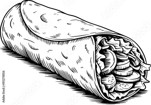 Hand Drawn of a Delicious Burrito Filled with Fresh Ingredients White Background
