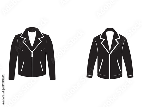 Black jackets with white outlines side by side on white background  two blazers with zippers and pockets
