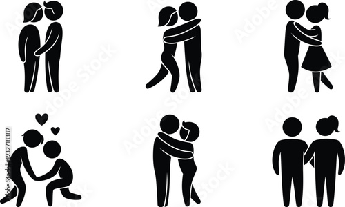 Diverse illustrations of couples embracing and expressing affection in various ways
