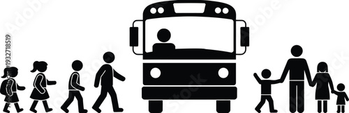 Diverse group of people walking towards a school bus in silhouette