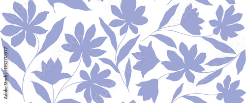 Seamless blue floral pattern with elegant botanical silhouettes. Soft decorative flowers and leaves create a calm repeating background. Perfect for wallpaper, fabric print, wrapping paper, and surface