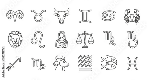 Detailed line art zodiac signs representing astrological symbols and concepts.