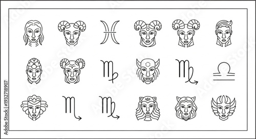 Zodiac signs illustration, featuring various astrological symbols and faces, black and white.