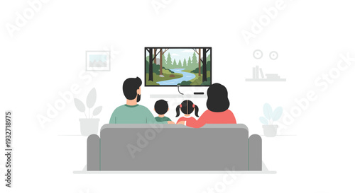 Family of four watches television with a forest scene in a minimalist living room.