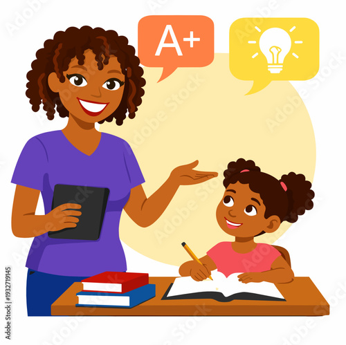 Teacher helps a little girl studying at a desk with books, showing A+ and lightbulb icons. Private tutoring and learning success concept in flat vector illustration.