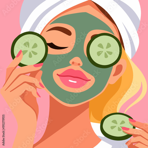 Spa skincare portrait with green facial mask, cucumber slices, and towel turban. Flat vector beauty treatment scene expressing relaxation, wellness, and self care.