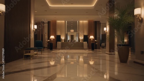 Luxurious hotel lobby with reception desk, comfortable seating, and large potted plant, viewed from a distant perspective, conveying elegance and sophistication.