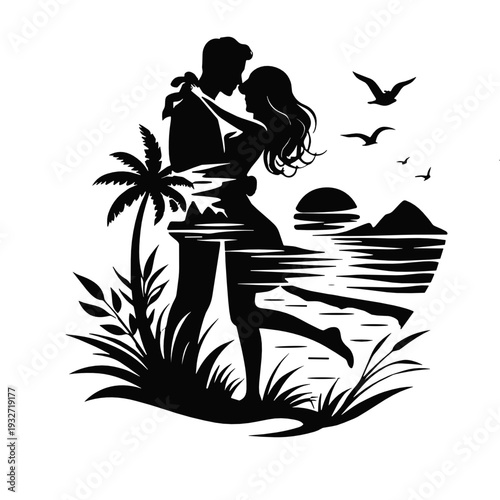 Tropical beach couple hugging silhouette with palm tree, ocean waves, distant island and sunset horizon, flying birds and lush plants, romantic summer travel illustration.