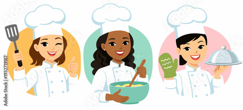 Three chef women in round frames: winking cook with spatula and thumbs up, baker mixing batter in bowl, and server with oven mitt holding a cloche. Flat vector set.