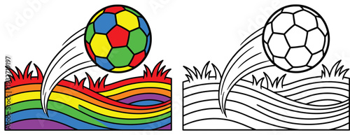 Bright Soccer Ball with Black Outline and Rainbow Waves Illustration for a Coloring Page Set