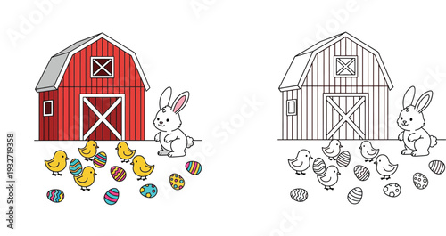 Cute Farm Barn with Easter Bunny, Chicks, and Eggs Coloring Page